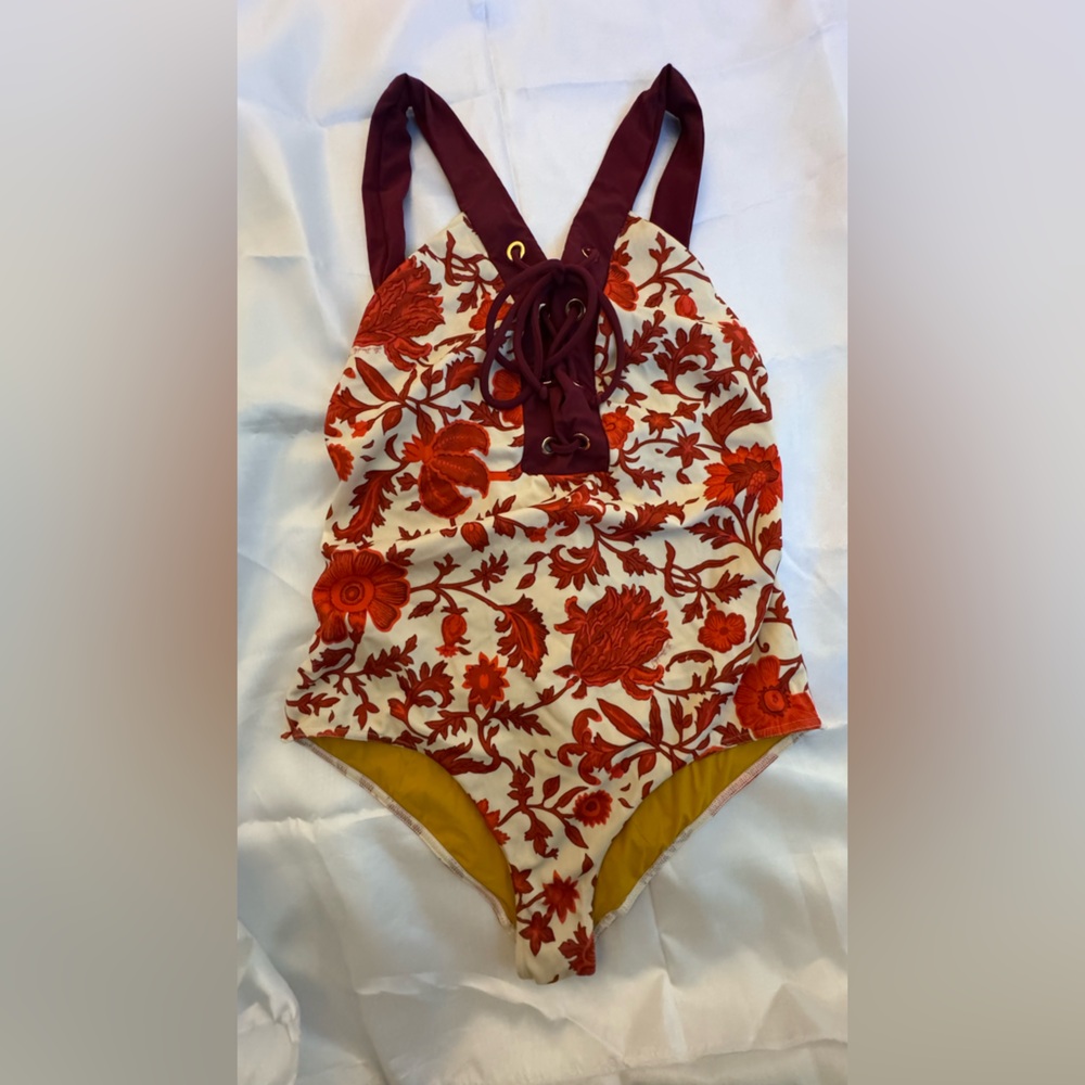 LA DOUBLEJ Floral One-Piece Swimsuit with Burgundy Straps. In great condition.